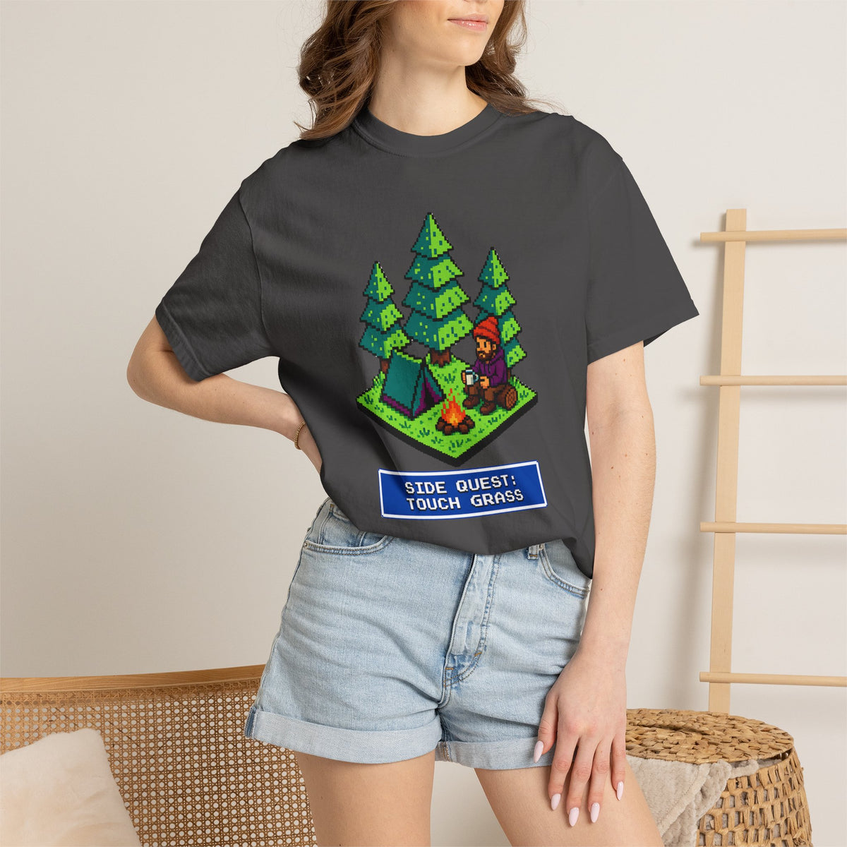 Side Quest: Touch Grass - Pixel Camping Gamer  T-Shirt