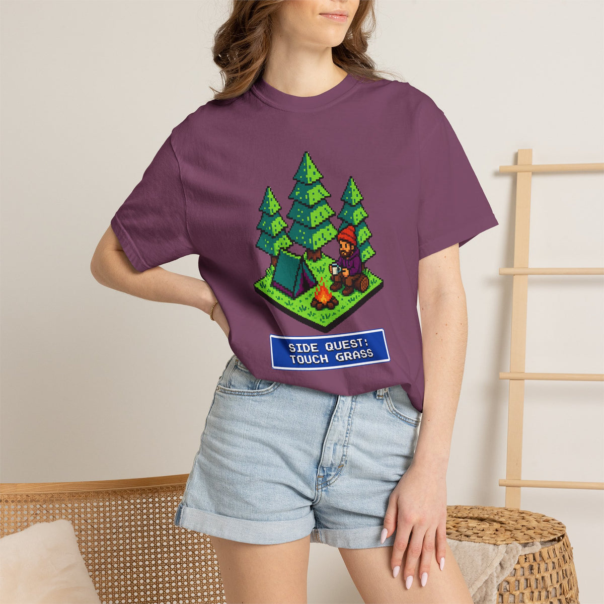 Side Quest: Touch Grass - Pixel Camping Gamer  T-Shirt