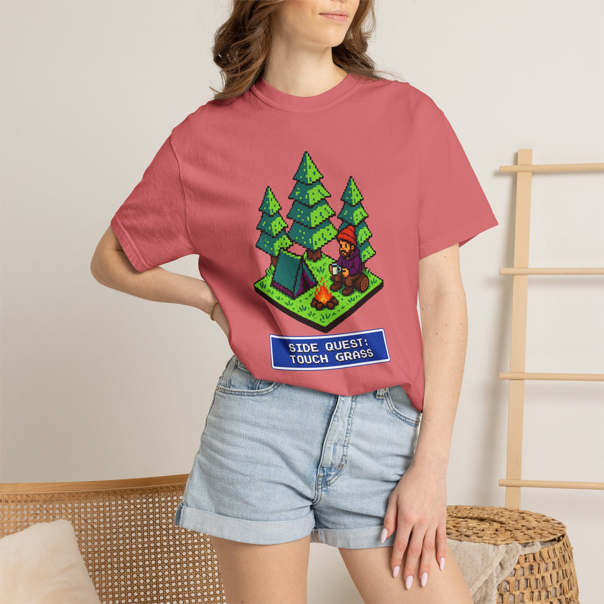 Side Quest: Touch Grass - Pixel Camping Gamer  T-Shirt